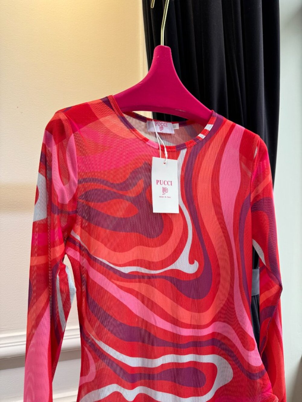 💖Pucci Pink Red Swirl Print Mesh Long Sleeve Bodysuit Sheer Slim Fit Designer T - Picture 2 of 7
